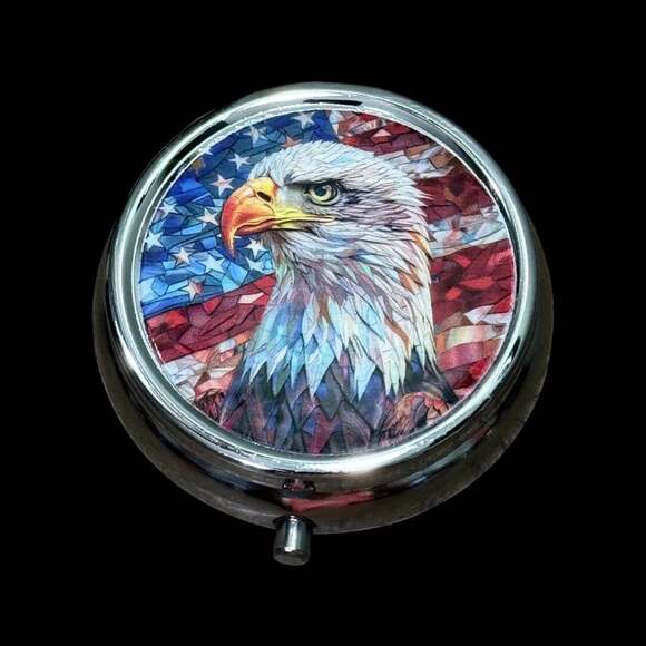 Unbranded Other - Cute Bald Eagle Patriotic Portable Round Metal Pill Organizer Case